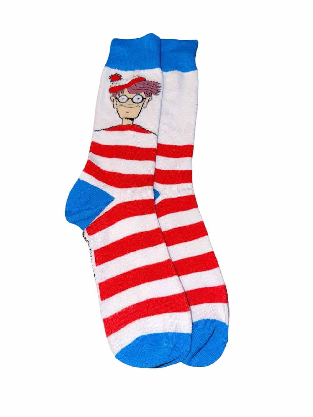 Where's Waldo Red & White Striped Novelty Crew Socks with Blue Accents